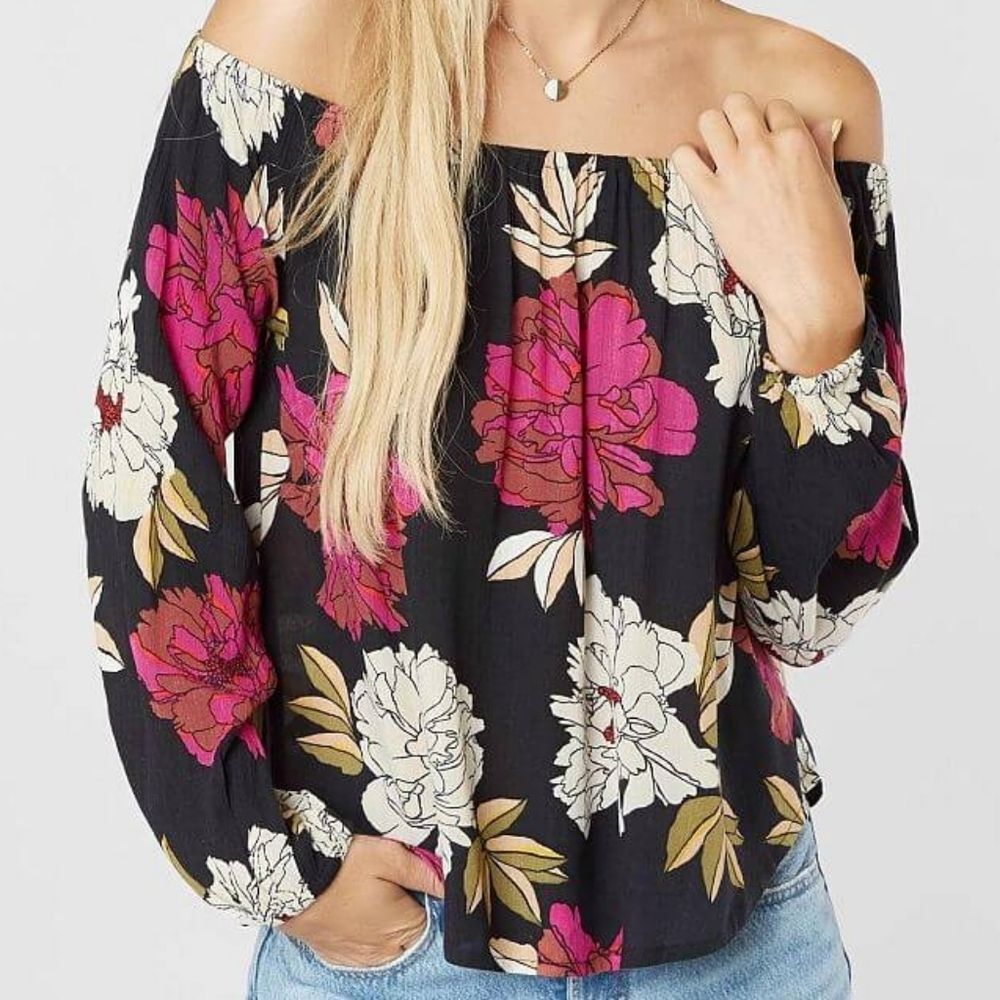 Billabong Mi Amore Black Floral Off The Shoulder Boho Cottagecore Blouse Top L